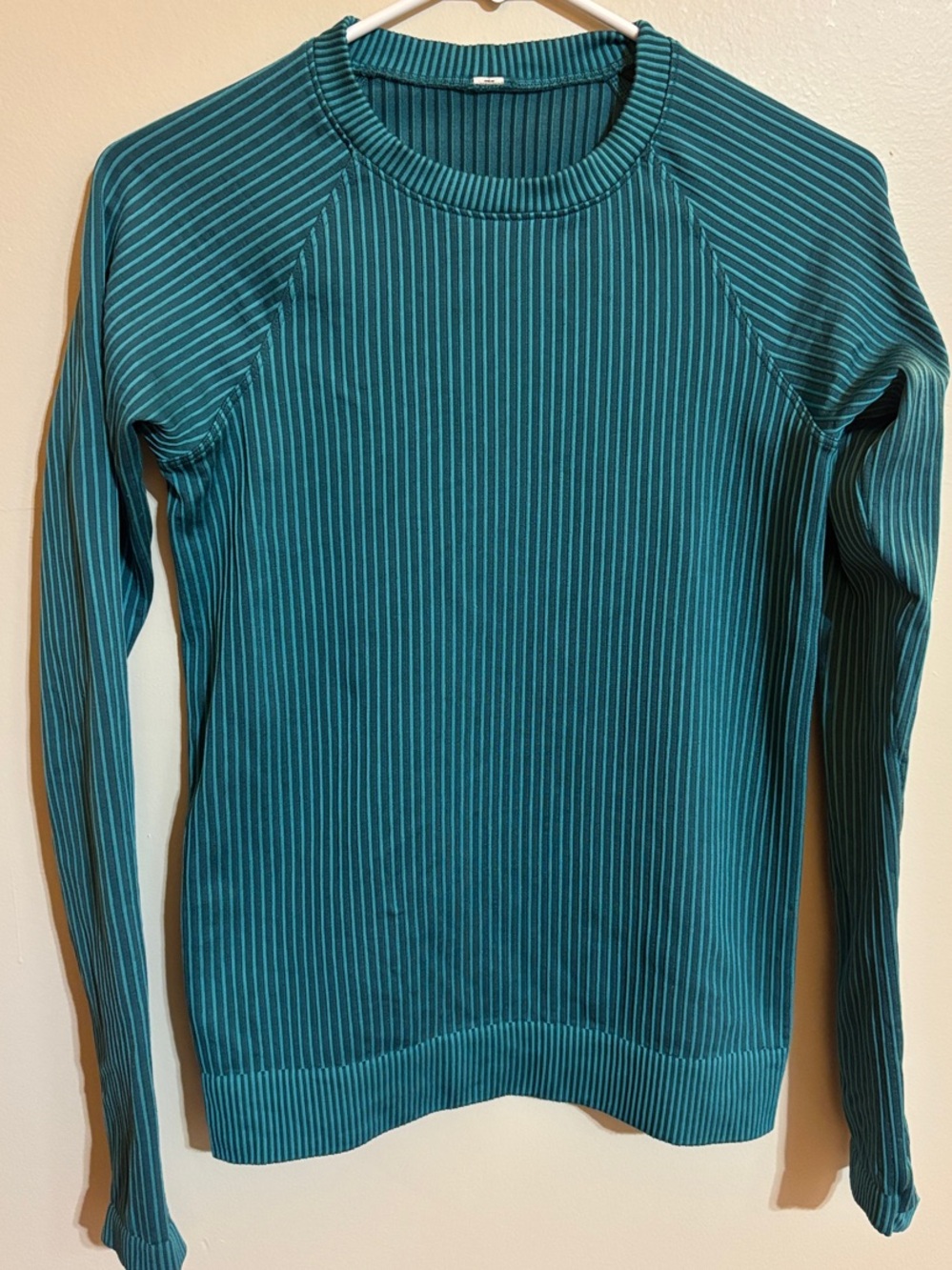 Lululemon Rest Less Pullover in Green Jasper/ Oceanic-Striped Ribbed Long-Sleeve